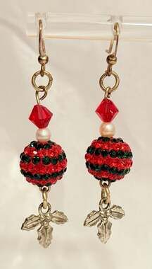 Bright Red Black Pave Crystal Ball Drop Earrings, Sterling Silver Hooks Shambala